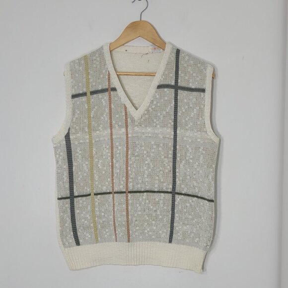 Vintage Knitted Ivory Yellow Striped Green Cotton Blend V-Neck Sleeveless Vest - Picture 2 of 10
